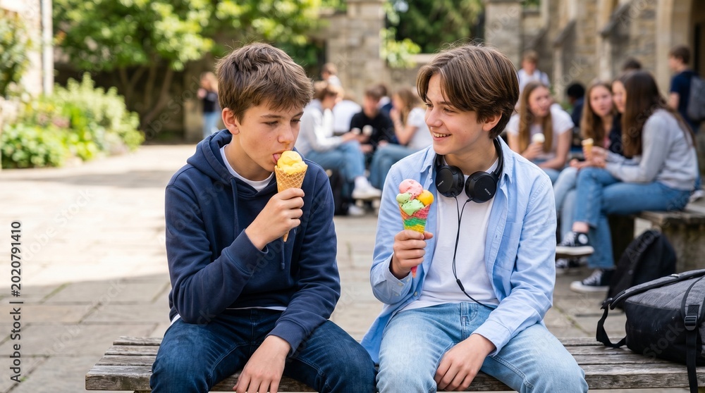 Fototapeta premium Two Teenage Boys Eating Ice Cream in Park Vector Illustration - Happy Friends Summer Lifestyle Concept