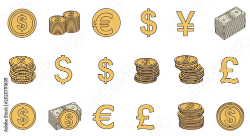 Tableau sur toile Various international currency symbols gold.