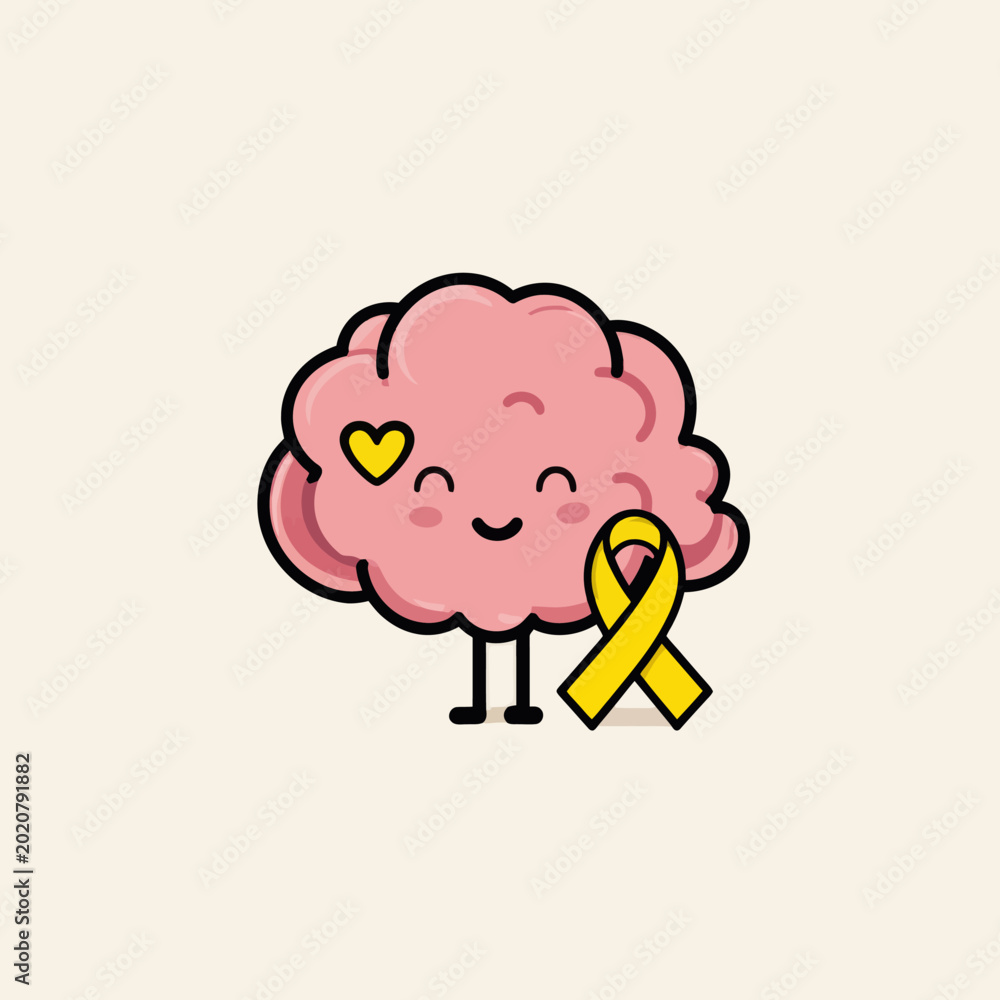 Fototapeta premium Cute cartoon brain with yellow awareness ribbon and heart illustration