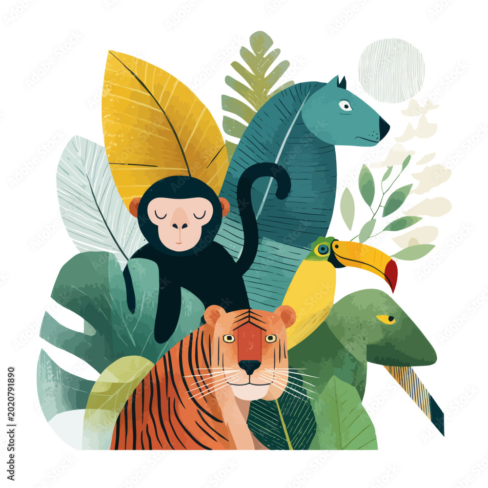 Fototapeta premium Jungle animals: monkey, tiger, toucan, lizard, and bear in tropical foliage