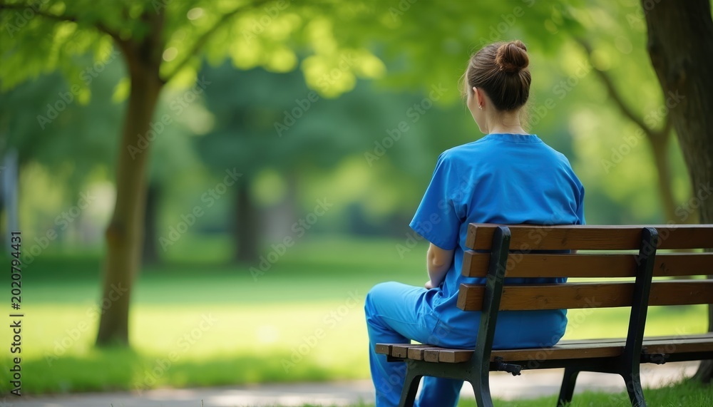 Fototapeta premium Woman in blue scrubs sits on park bench contemplating nature. Healthcare worker takes a moment for self care and mental rest. Peaceful break outdoors in green park setting.
