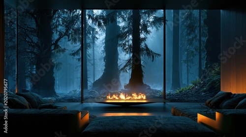 Modern fireplace glowing inside a luxury lounge overlooking a misty pine forest at twilight for hospitality and real estate marketing