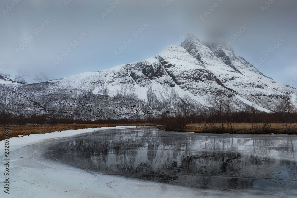 Εκτύπωση καμβά Snowy Mountain Peak Reflected in Frozen Lake Under Overcast Sky
