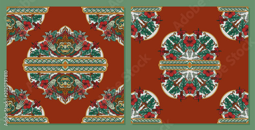 Tropical Floral Silk Scarf, Rug, and Tile Background with Balinese and Javanese Wayang Mask Ornament