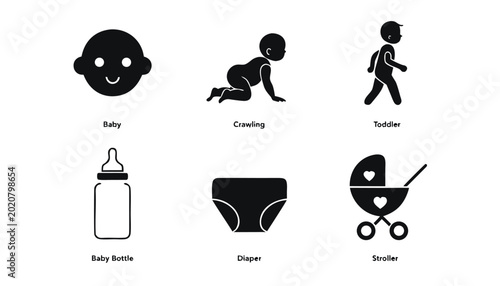 Vector illustration of baby care icons set with stroller crawling illustration silhouette collection
