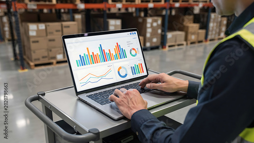 Businesswoman working on laptop with analytics graphs displayed on screen inside warehouse. Concept of logistics, supply chain, inventory management, shipping, ecommerce and distribution