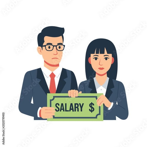 Businessman and businesswoman holding salary.