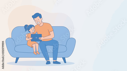 Father and daughter sitting on couch having fun on Fathers day