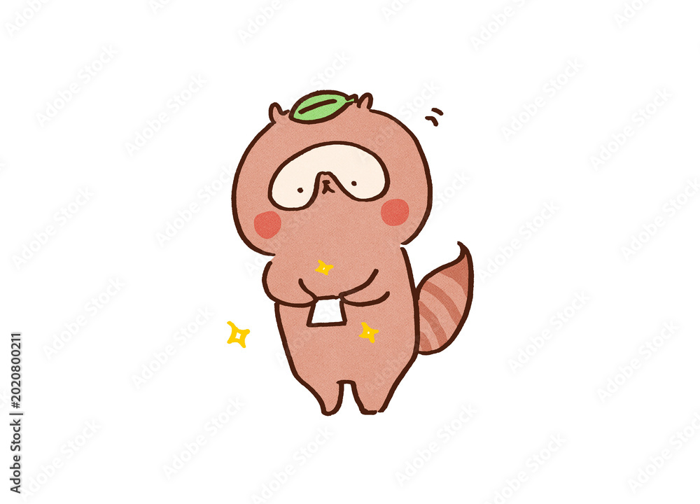 Obraz premium Raccoon dog with a leaf on its head presenting an impressive business card