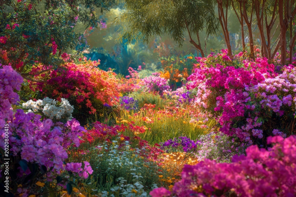 Obraz premium Vibrant blossoming garden pathway surrounded by colorful flowers and lush foliage