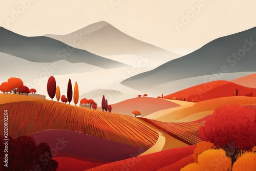 Autumn hillside landscape with rolling red and orange fields and misty mountains