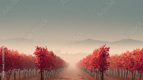 Serene autumn vineyard with red foliage and misty distant hills at sunrise
