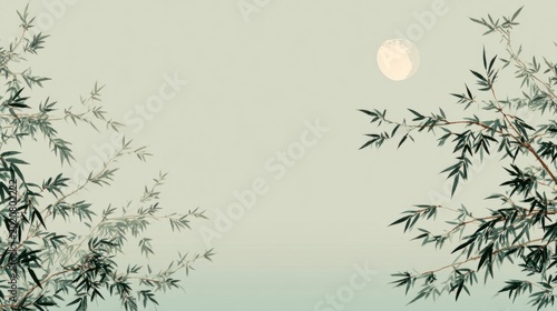 Tranquil bamboo silhouette at dawn with full moon in serene pastel sky