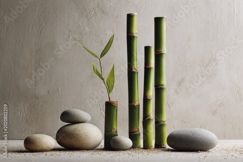 Zen garden composition with bamboo stalks and smooth stones on textured surface
