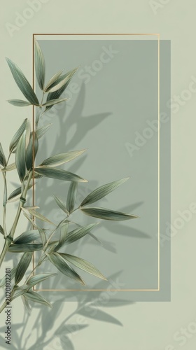 Minimalist leafy greenery on soft geometric background with subtle shadow play