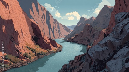 Majestic canyon scenery with serene river flowing through rugged red rock formations