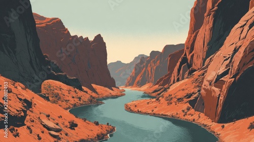 Serene canyon landscape with river and majestic sandstone cliffs at sunset