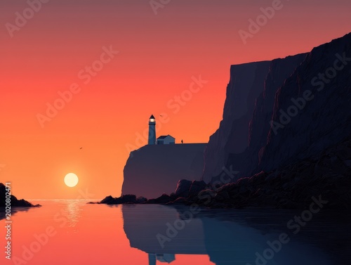 Dramatic coastal sunset with lighthouse silhouette and cliffs