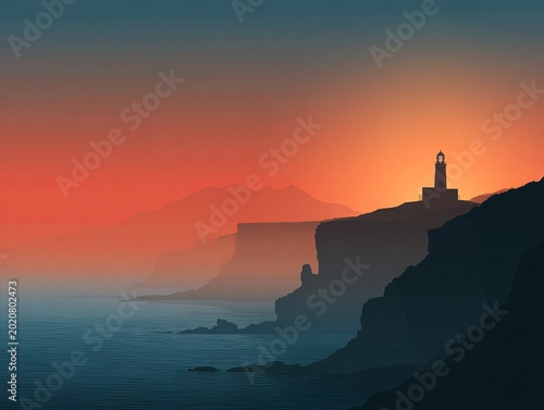 Silhouette of coastal cliffs and lighthouse at sunset on serene ocean horizon
