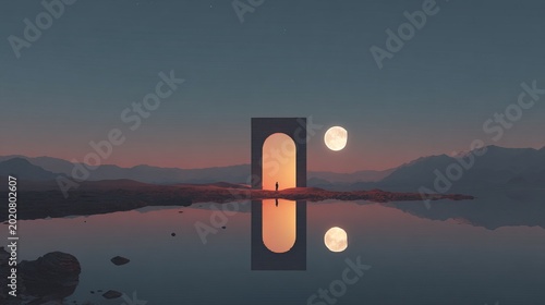 Surreal landscape with moonlit archway and distant figure at dusk
