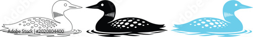 Fotografía Loon bird vector illustration set, three common loon designs in black, white out