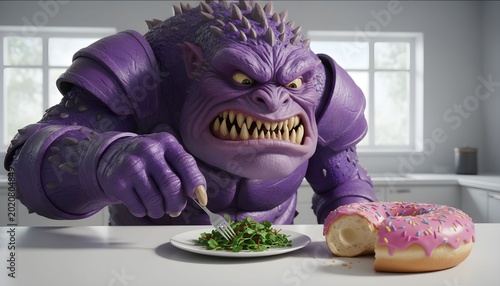 Big purple monster sits in kitchen and eats salad with fork while looking angrily at a donut on the table