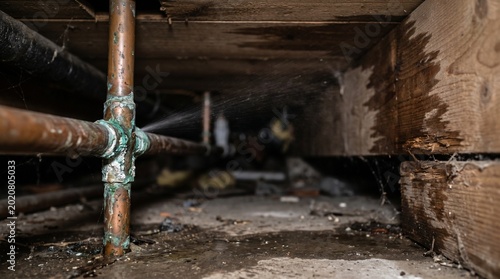 Plumbing leak in copper pipe under floorboards with water spraying out. Featuring corroded metal and wet wooden beams in a dark crawl space. Emergency home maintenance and repair.