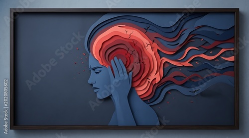 Paper Cut Migraine Headache Concept, Female Profile With Layered Pain Waves