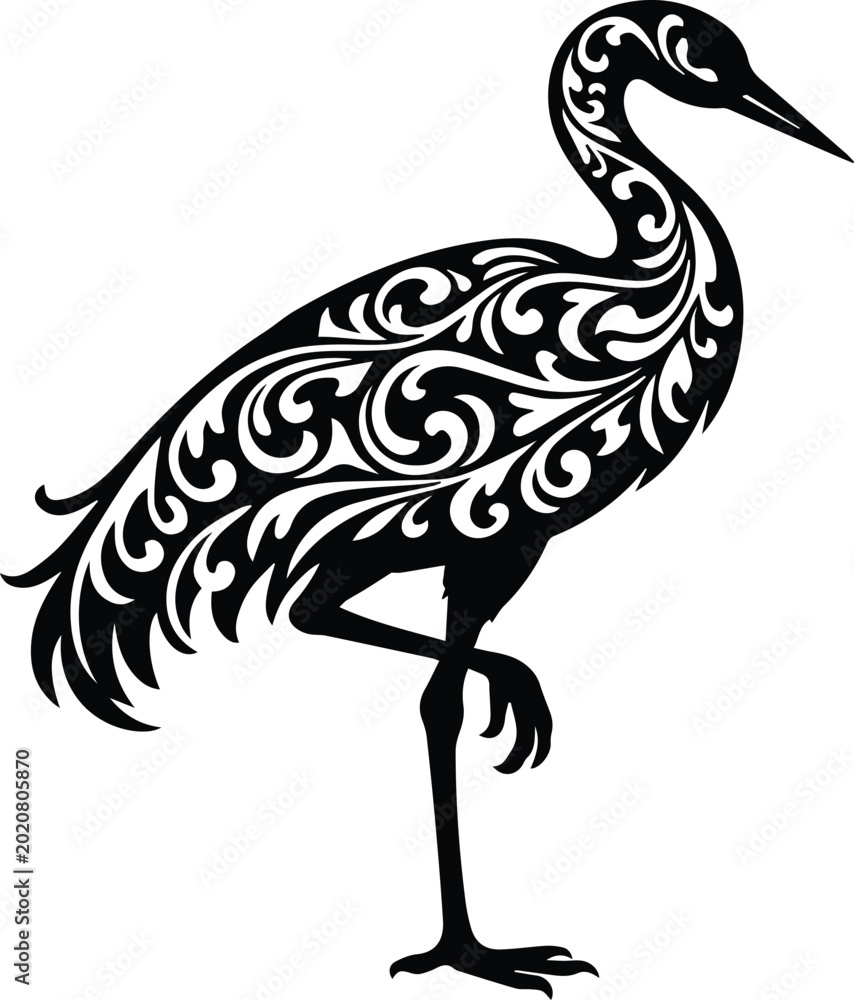 Fototapeta premium Elegant black crane vector illustration, a stylized heron or stork with intricate floral and scrollwork patterns, decorative bird design for branding and luxury projects, isolated on white.