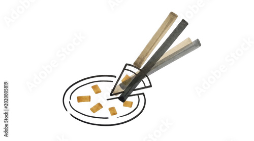 Chopsticks and food pieces on a dish illustration on png background.