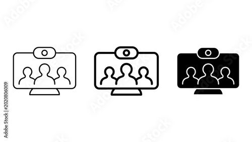 Three video conference silhouette icons on a monitor screen, solid black style, online meeting communication.