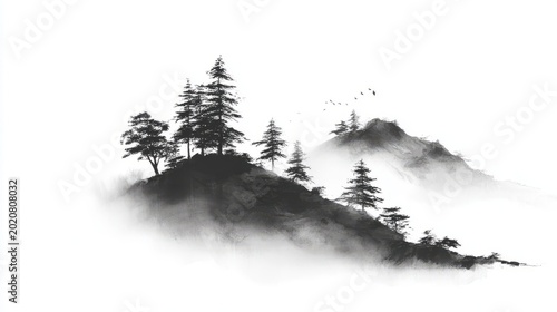 Serene ink wash landscape with misty mountains and pine trees