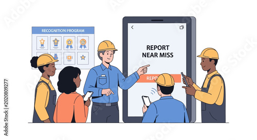 Workplace Safety Team Reporting Near Miss Incident on Digital Tablet