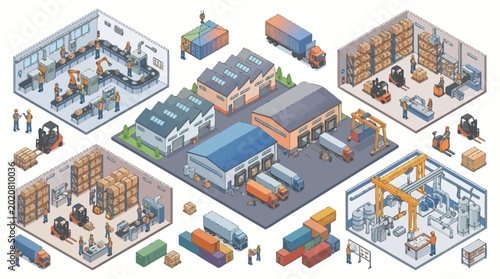 Isometric Labor Day Factory Illustrations Featuring Industrial Logistics Operations and Warehouse Workflow Activities Representing Modern Manufacturing and Production System Concept
