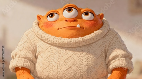 Character with three eyes wears a white sweater and looks upward, set in a cartoon style with bright colors and simple background