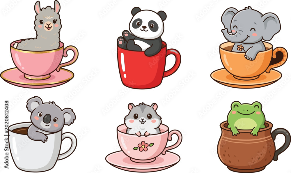 Obraz premium Cute animals peeking out of colorful teacups Vector