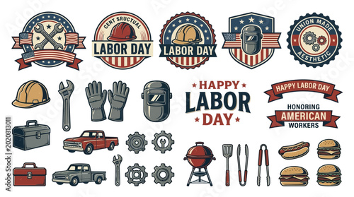 Retro Labor Day Worker Tools and Industrial Badge Collection Featuring American Factory Equipment and Patriotic Workshop Elements Celebrating Blue Collar Worker Pride and Industrial Heritage Concept
