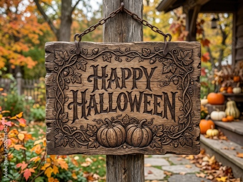 A wooden sign with happy halloween text on a post in a garden