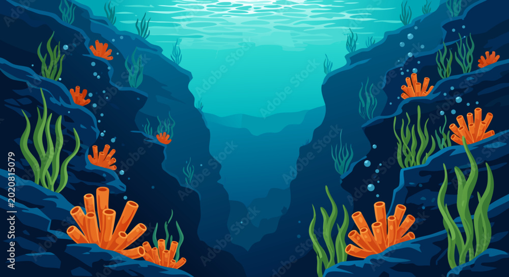 Εκτύπωση καμβά Vibrant underwater canyon illustration with abundant marine life, showcasing col