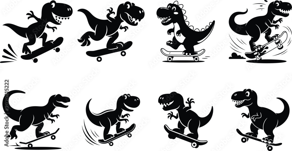 Fototapeta premium Dinosaurs skateboarding in dynamic poses with youth culture dinosaur skateboarding skateboard