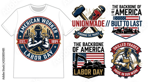 Bold Labor Day Industrial T Shirt Graphics Featuring Heavy Machinery and Working Class Action Scenes Promoting American Blue Collar Strength and Worker Pride Concept