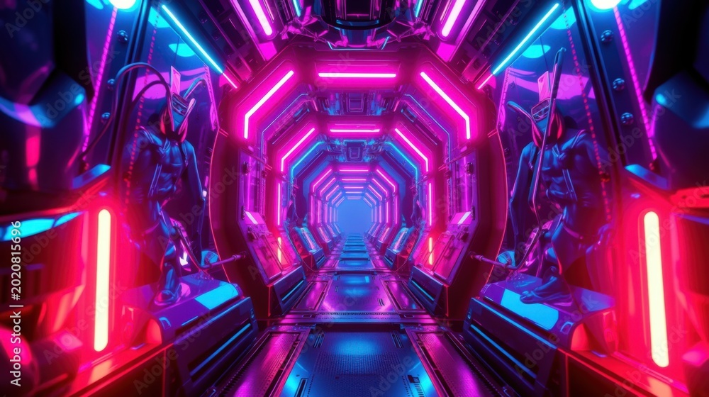 Fototapeta premium Futuristic corridor glows with vibrant neon lights. Metallic walls create symmetrical perspective, hinting at advanced technology. Dark background emphasizes luminosity.