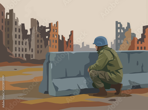 Tableau sur toile A soldier observes a war-torn cityscape from behind a barrier