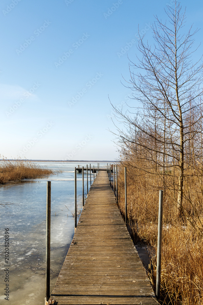 Fototapeta premium Perspective of Wooden Pier Over Frozen Lake in Spring