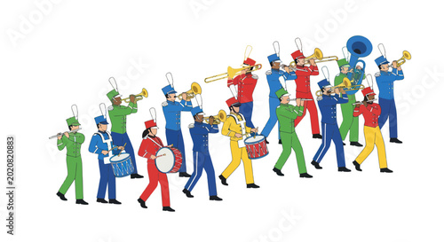 Photos Colorful marching band playing music, parade performers in uniform, brass instru
