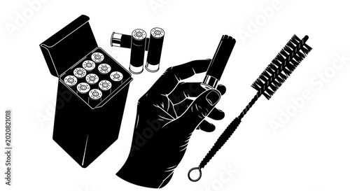 Foto Hand holding shotgun shell with cleaning brush and ammo box illustration