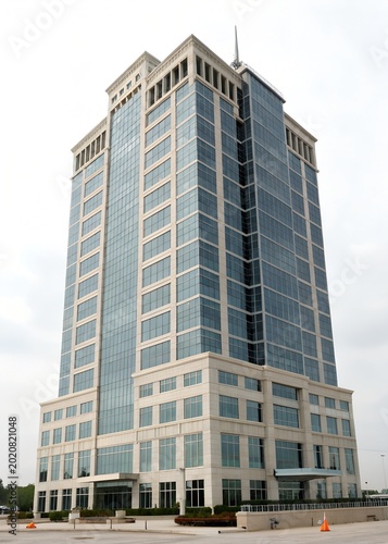Imposing modern skyscraper with reflective glass facade and light stone accents against a muted sky multi story high rise real estate skyscraper building architecture corporate business