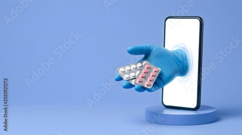 Hand Wearing Blue Medical Glove Emerging from Smartphone Screen Offering Pill Blister Pack on Blue Pedestal Background, Online Pharmacy Telemedicine Digital Healthcare Medication Delivery