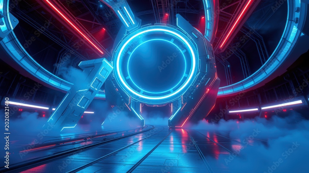 Fototapeta premium Futuristic corridor, glowing neon lights, smoke fills space. Circular portal dominates view, creating dramatic perspective. Dark, sleek design.