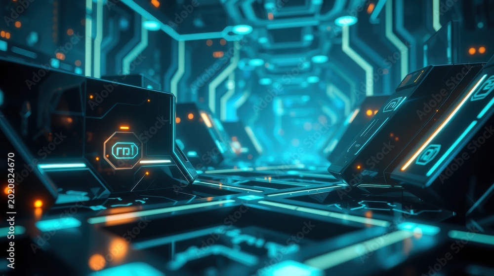 Fototapeta premium Futuristic corridor, glowing neon lights, dark metallic surfaces. Complex circuitry creates immersive digital space.